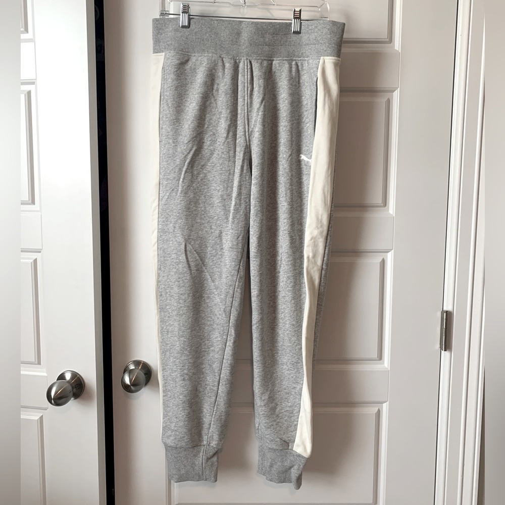 Puma grey and cream striped joggers, size Large